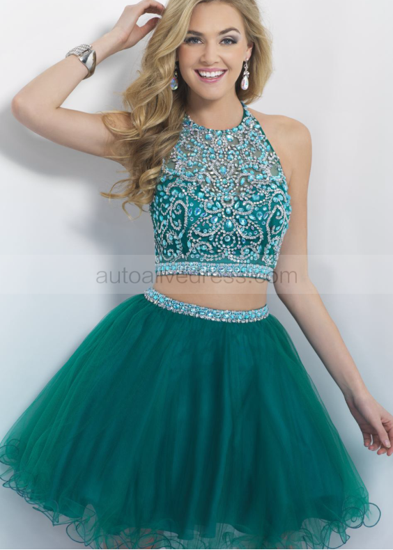 Tulle Beaded Halter Keyhole Back Two Piece Knee Length Prom Dress 